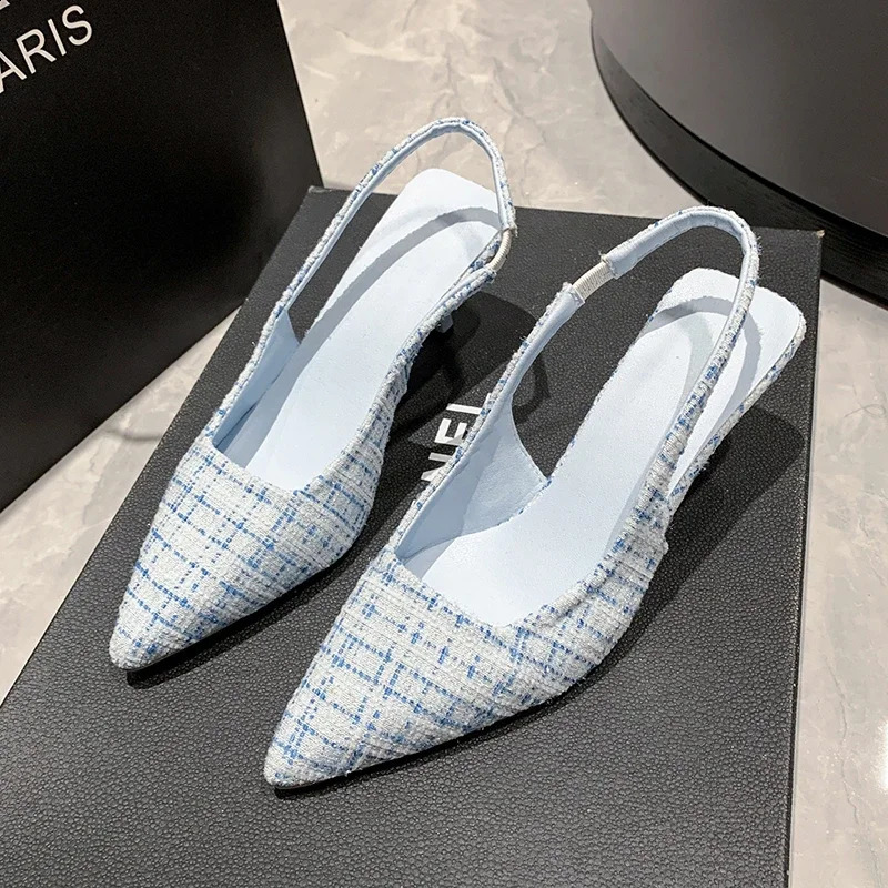 Sea Salt Blue Pointed High Heel Sandals for Women Back Hollow Half Headed Single Shoes Fashion Versatile Casual 260414