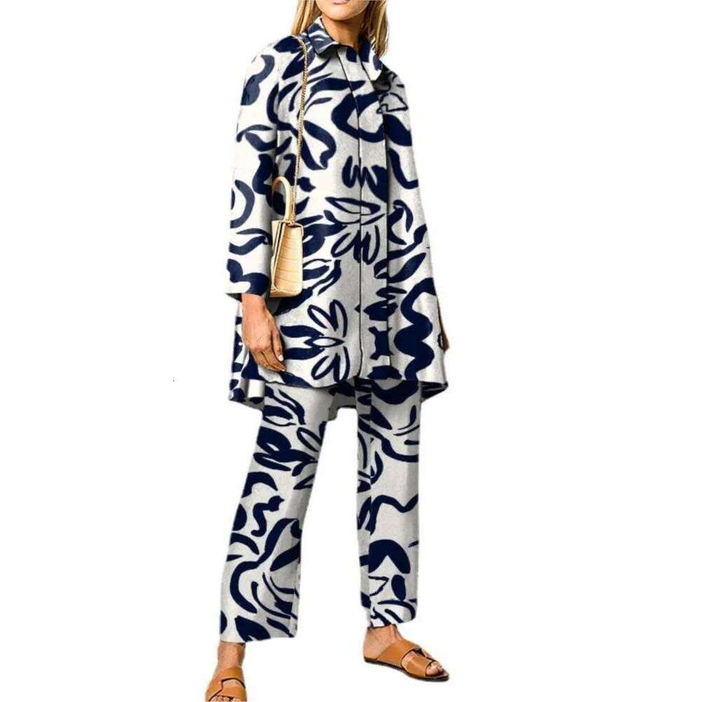 Autumn New Vintage Printed Pant Sets Women Long Shirts And Wide Legs Trousers Two Piece Set Fashion Trendy Streetwear Lady Suits MAKOUFEI