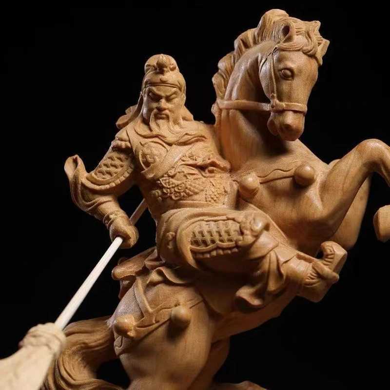 Wood carving Riding a horse Guan Gong God of Wealth Statue Chinese mythological figure Home room office decoration accessoriesT260415