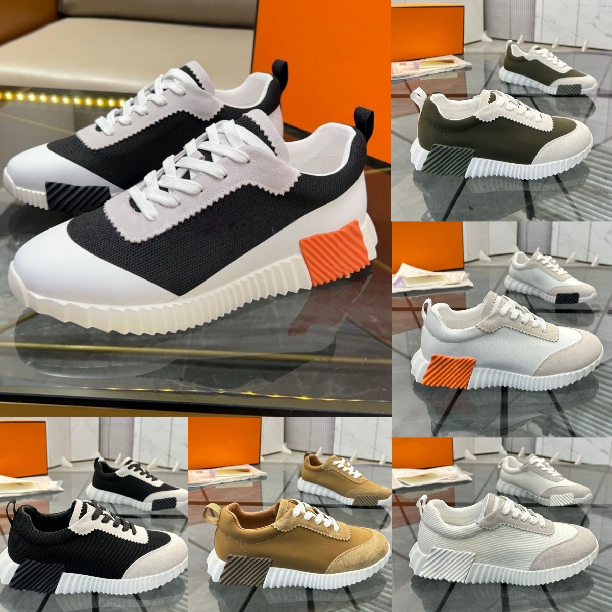 Top Fashion Designer Bouncing Sneakers Genuine Leather Shoes Men Fashion Sneakers Non Slip Flat Trainers Men Women Summer Breathable Mesh Running Casual Shoes