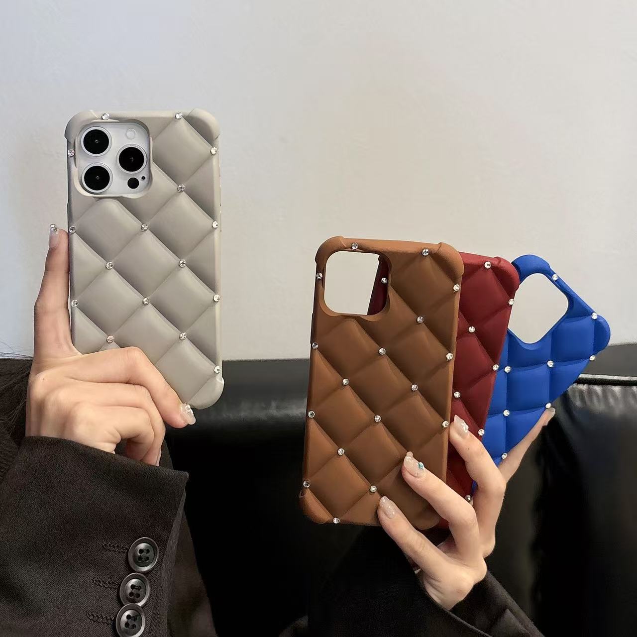 Luxe Red Quilted Phone Case with Bling Diamonds 3D Grid Protective Cover