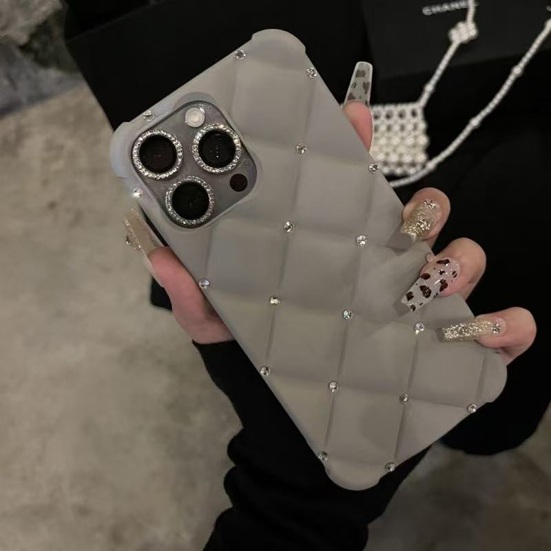 Luxe Red Quilted Phone Case with Bling Diamonds 3D Grid Protective Cover