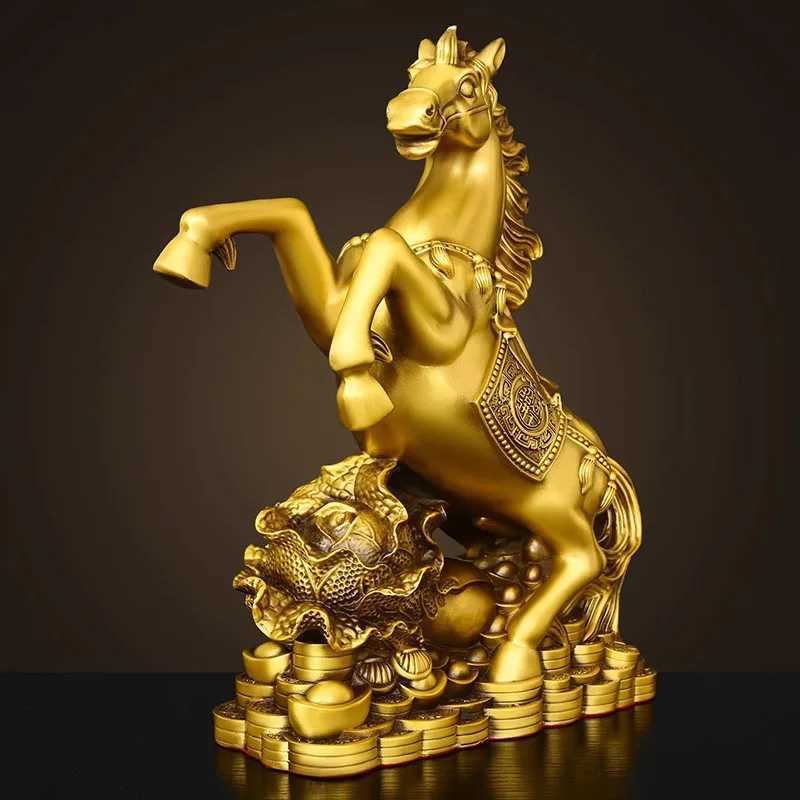 Brass Zodiac Horse Statue with Gold Coins - Galloping with Wealth Fortune Horse Figurine Chinese Zodiac Decor AuspiciousT260415