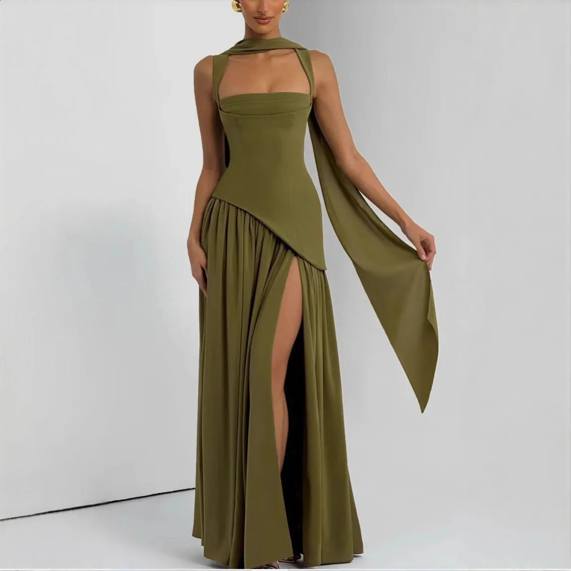 Suninheart Summer Elegant Olive Green Maxi Dress for Women Flowy Long Dress with Scarf Birthday Party Beach Graduation dress 260414
