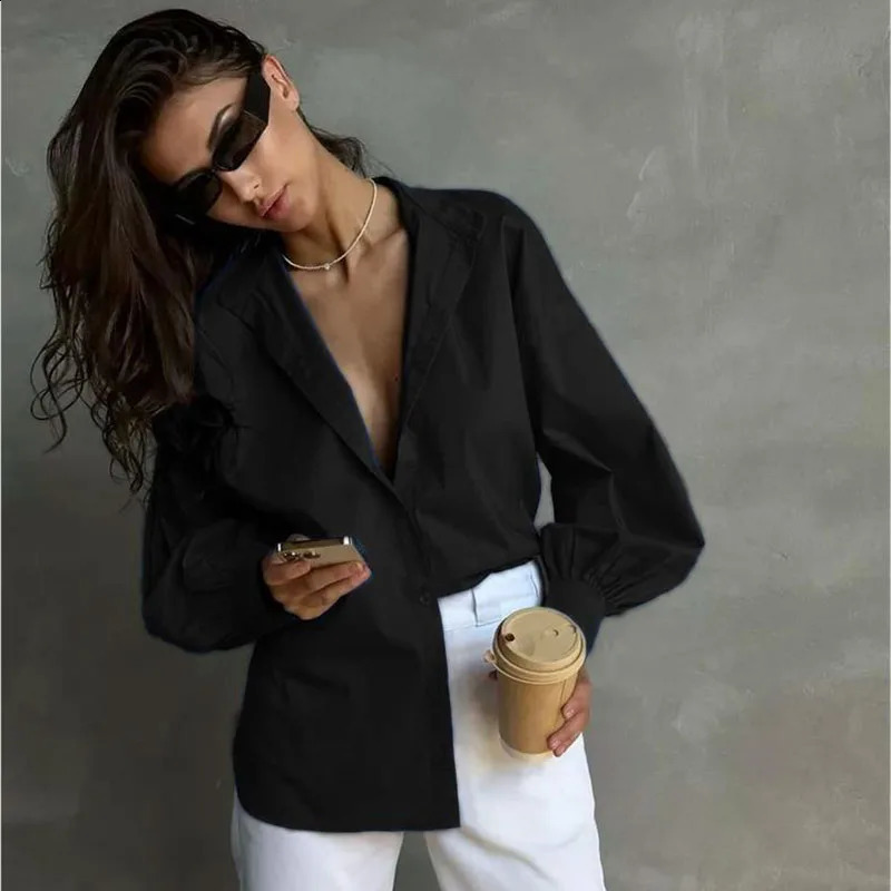 Womens Lantern Sleeve Oversized Blouse Casual Loose Streetwear Black White Shirt Woman Vintage All-Match Basic Blusas 260414
