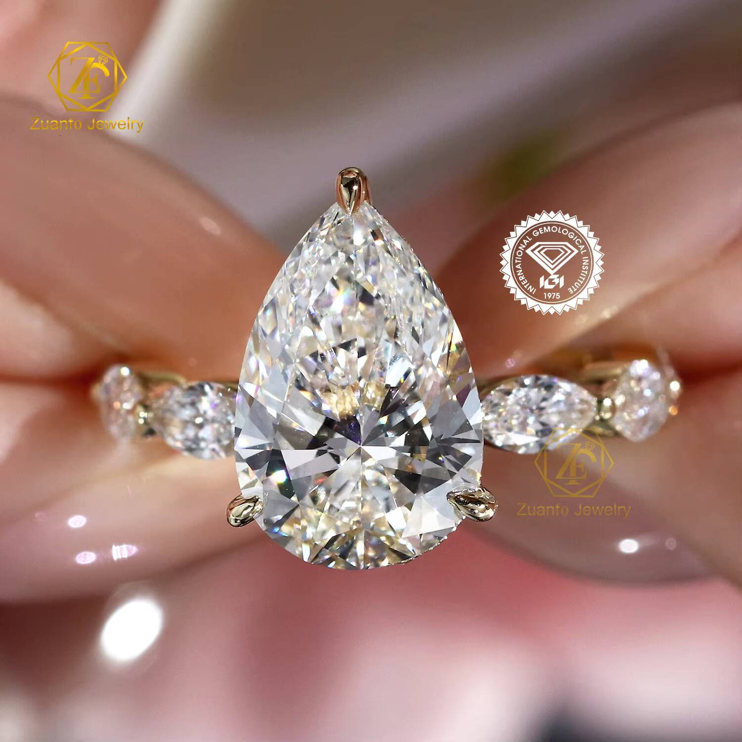 IGI Certified 5CT D VS1 Cvd Lab Grown Created Diamond 14K 18K Solid Gold Rings Pear Engagement Ring Jewelry for Women