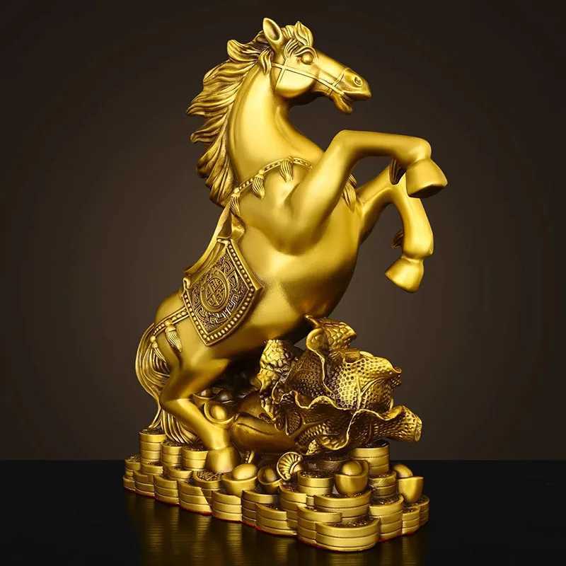 Brass Zodiac Horse Statue with Gold Coins - Galloping with Wealth Fortune Horse Figurine Chinese Zodiac Decor AuspiciousT260415