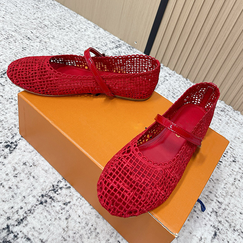 Romy Flat Ballerina Designer Ladies Mary Jane Embroidered Fabric Lace Shoes 1AK262 Luxury Eound Toe Ballet Pump Supple Leather Outsole Size 35 41