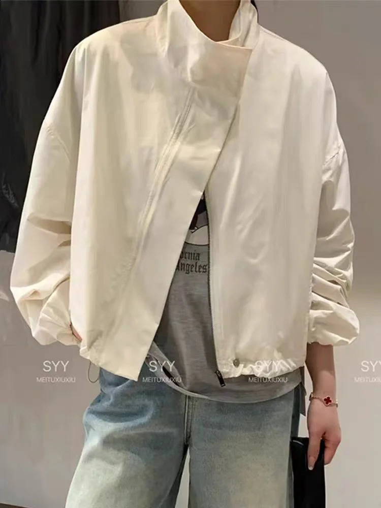 Red Stand Up Collar Loose Drawstring 2026 Spring Outdoor Sunscreen Sports Short Jacket for Women 260414