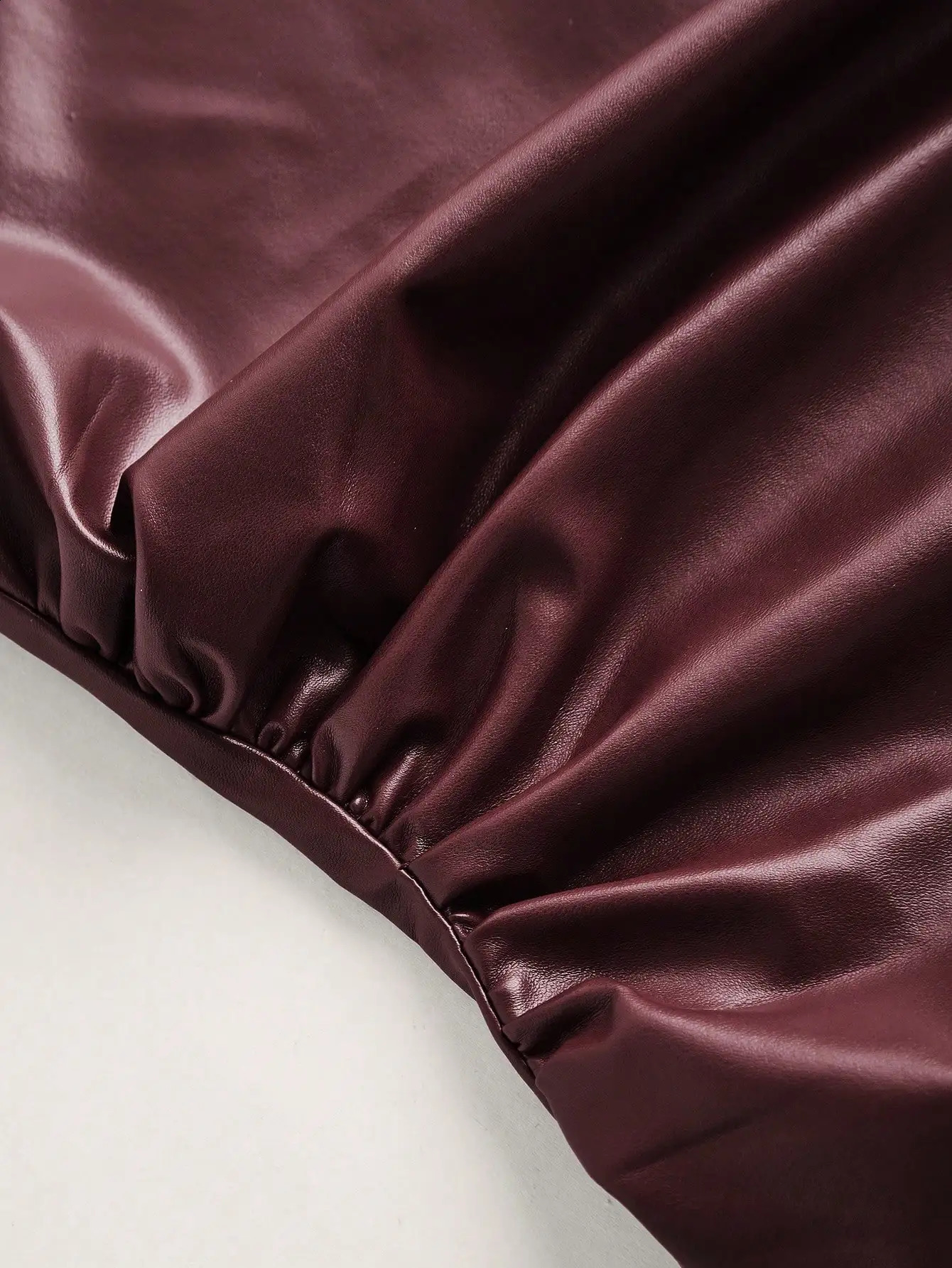 Burgundy PU Leather Off Shoulder Ruched Sleeveless Top For Women 260414