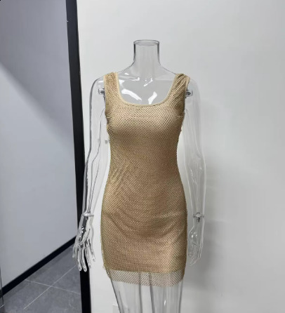 Fashion Trend Rhinestone Solid Color Strap Dress for Women Winter Sexy Backless Sleeveless Elegant Waist-Cinching Dress 241011 - view 6