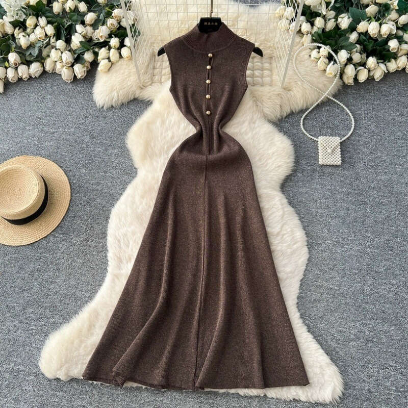 2026 French summer FC k30 new designer fashionable gold elegant hollow out single breasted high neck sleeveless knitted dress