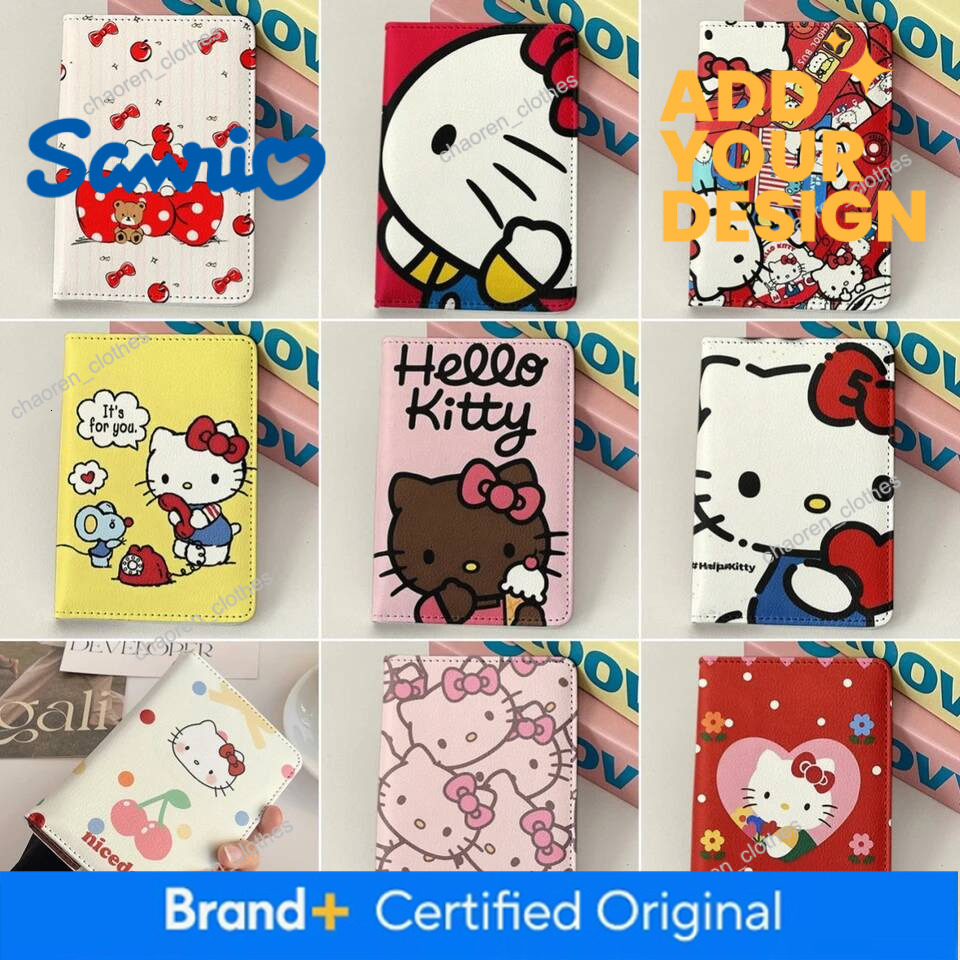 Hello Kitty Preppy Embroidered PVC Card Holder, Travel Passport Cover with Genuine Leather Lining, Zipper Pouch, Medium Hobos Shape, Short Wallet Leng