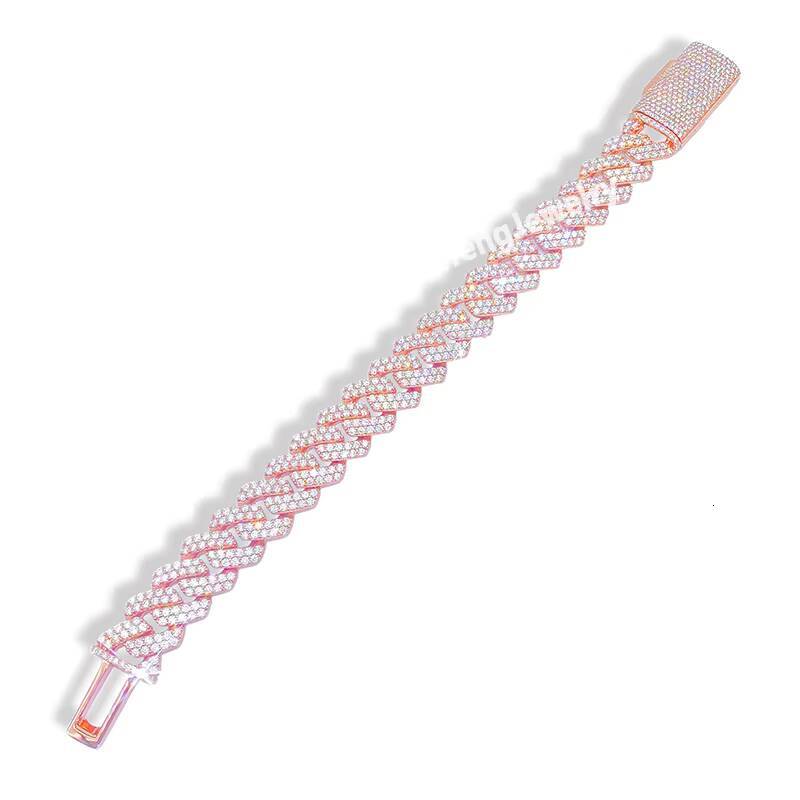 14mm 2Rows Rose Gold Plated VVS Moissanite Cuban Link Chain HipHop 925 Sterling Silver Iced Out Diamond Moissanite Bracelet