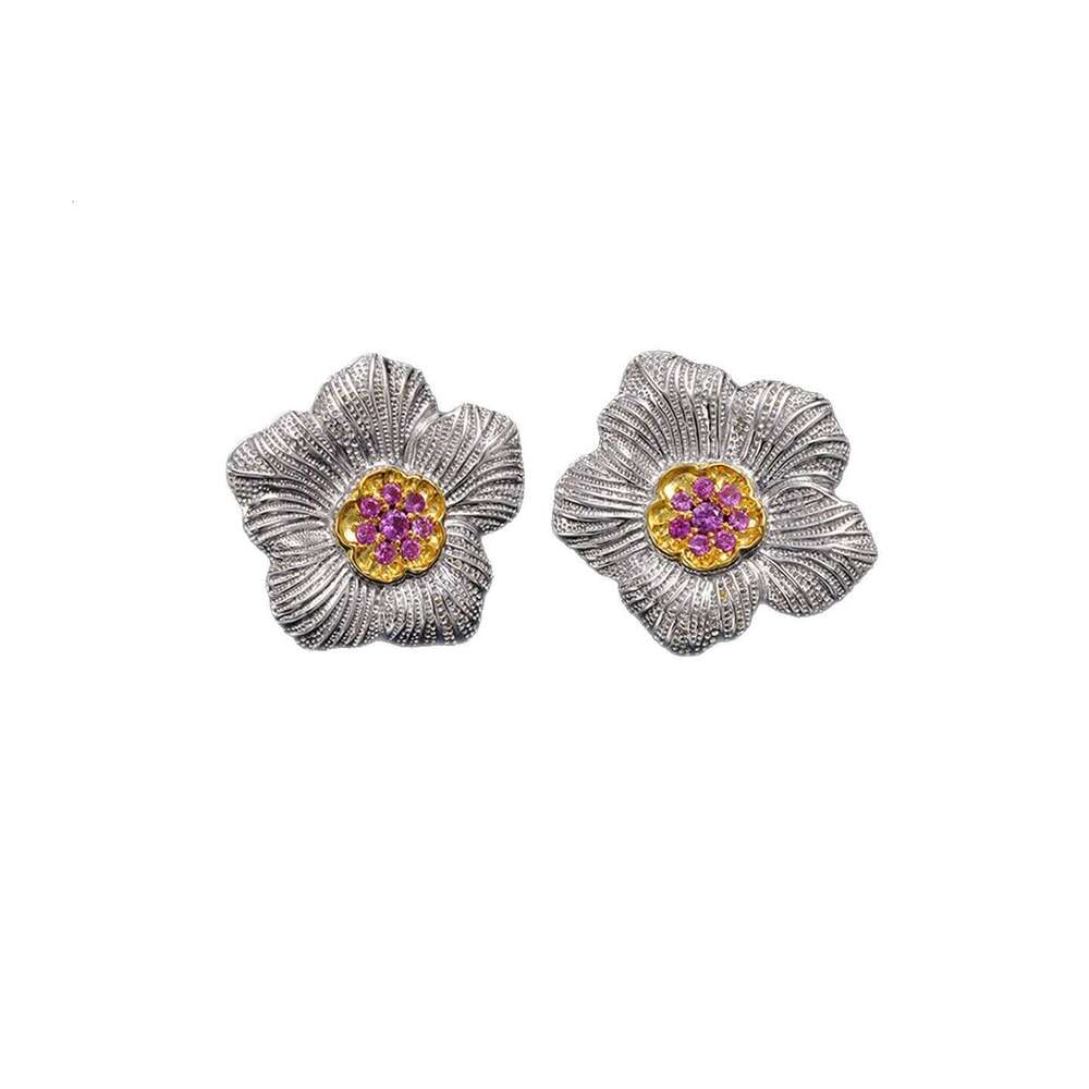 Women 925 Sterling Silver Gardenia Flower Stud Earrings - Hand-Engraved Floral Design with Pink & Yellow CZ Gemstones, Italian Craftsmanship Inspired 