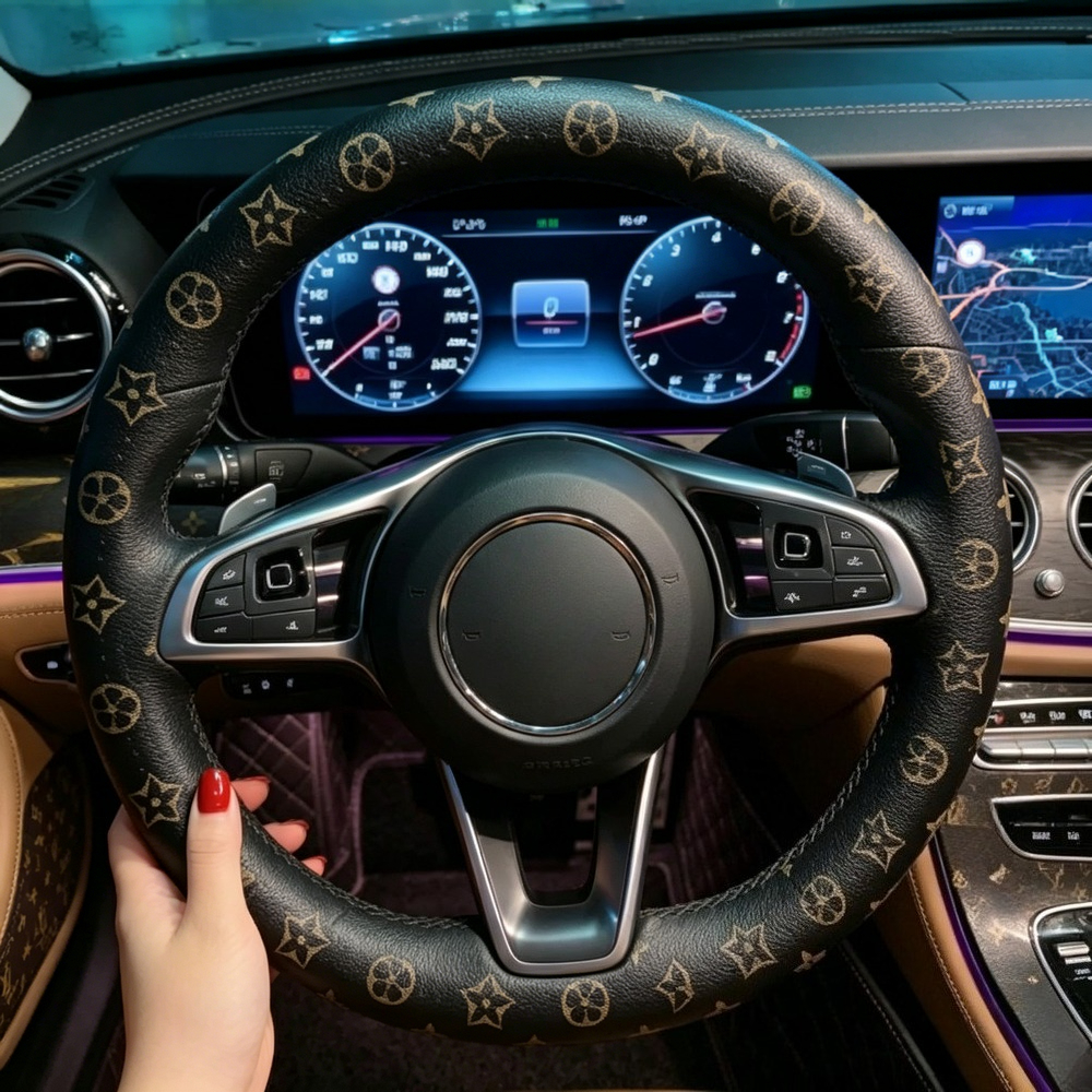 Luxury Monogram Leather Car Steering Wheel Cover, Universal Fit, Non-Slip Anti-Skid Grip, Stylish Auto Interior Decoration & Protective Accessories Fo