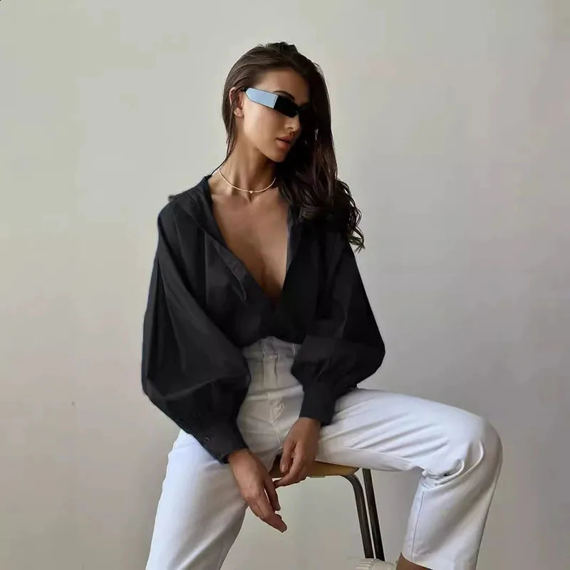 Womens Lantern Sleeve Oversized Blouse Casual Loose Streetwear Black White Shirt Woman Vintage All-Match Basic Blusas 260414
