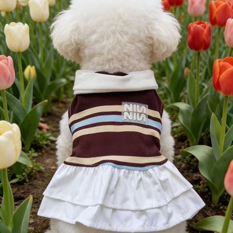 Striped Polo Collar Dog Dress, Breathable Puppy Vest Skirt with Ruffle Hem, Cute Small Dog Clothes for Bichon Yorkie, Fashion Stretch Pet Apparel for 