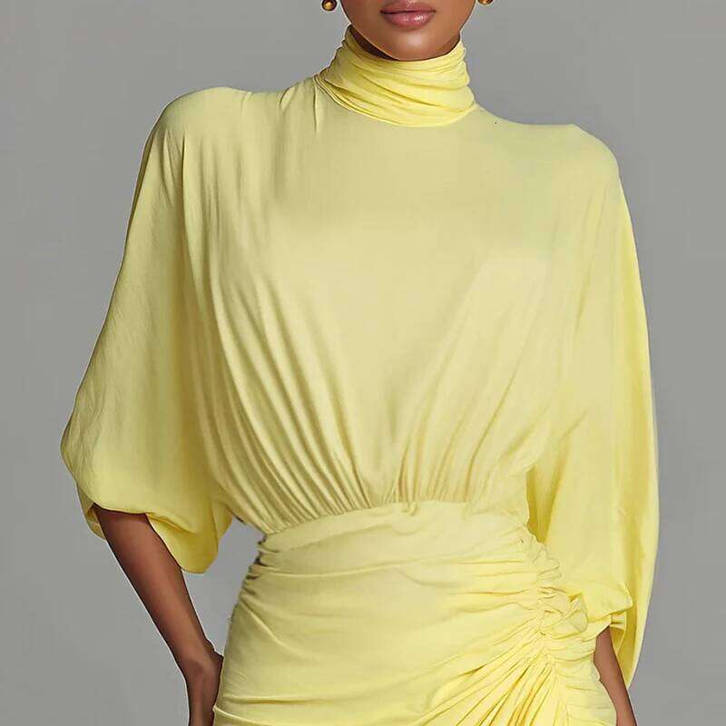 Yellow Lady Turtleneck Pleated Party Autumn Seven Quarter Sleeve High Waist Irregular Fashion Split Solid Long Dress MAKOUFEI