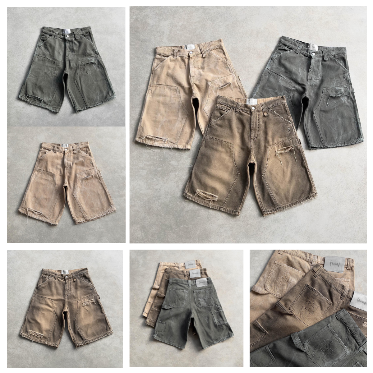 Men's Jeans Reaven Vintage Washed Denim Shorts Destroyed Mid Thigh Cargo Pockets Distressed Raw Hem Baggy Retro Streetwear Workwear Style