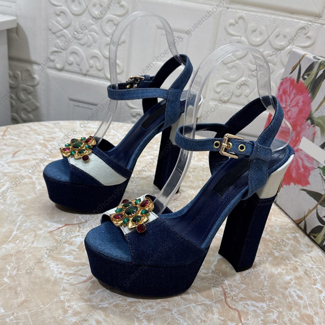 Fashion brand canvas platform heel sandals womens Crystal luxury designer shoes high heels casual ankle strap Rhinestones party wedding shoes Size 35-43