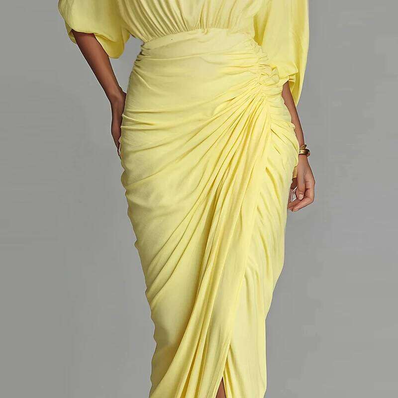 Yellow Lady Turtleneck Pleated Party Autumn Seven Quarter Sleeve High Waist Irregular Fashion Split Solid Long Dress MAKOUFEI