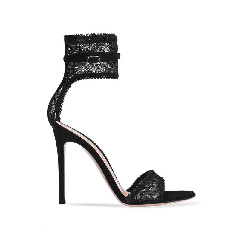 Open Toe Sandals For Women Summer New Black Lace High Heels Thin Heel Ankle Strap Women S Shoes