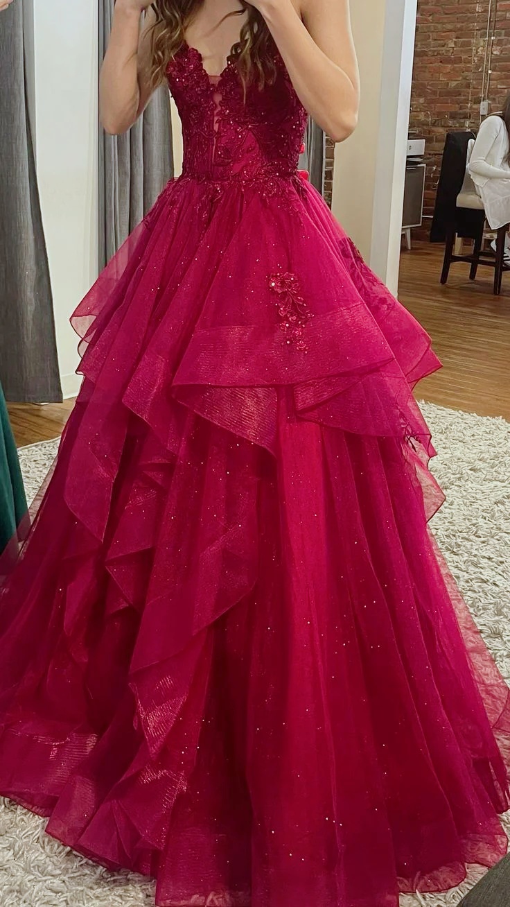 Lace Applique Tiered Tulle Evening Dress Burgundy Glitter V Neck Lace Up Back Ball Gown for Women Prom Wedding Party Free Shipping
