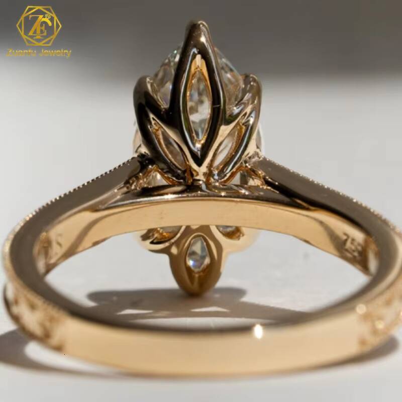 14K Gold Custom Vintage-Inspired Fine Jewelry Hand Engraved Milgrain Engagement Ring with Marquise Center Lab Grown Diamond