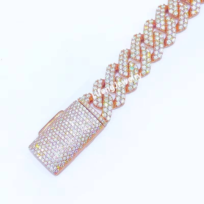 14mm 2Rows Rose Gold Plated VVS Moissanite Cuban Link Chain HipHop 925 Sterling Silver Iced Out Diamond Moissanite Bracelet