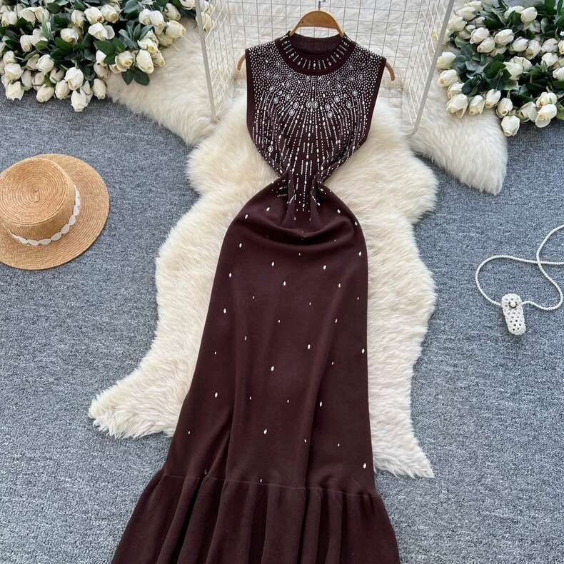 Summer k30 rhinestone decorated semi high neck fishtail FC 2026 new slim fit sleeveless knitted dress