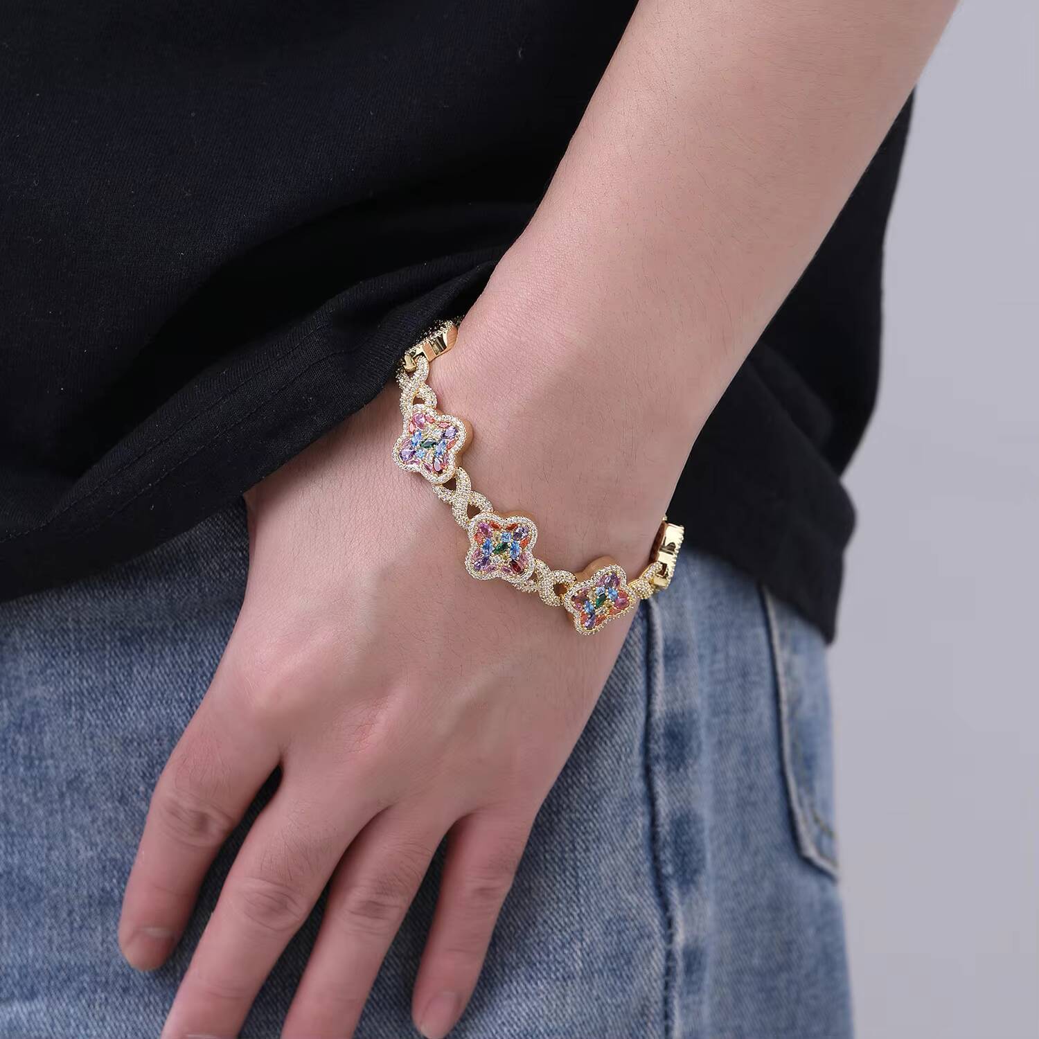 2026 Luxury Trendy Hip Hop Jewelry Rainbow Flower Infinite Bracelet Iced Out Irregular Colorful Four Leaf Clover Bracelet