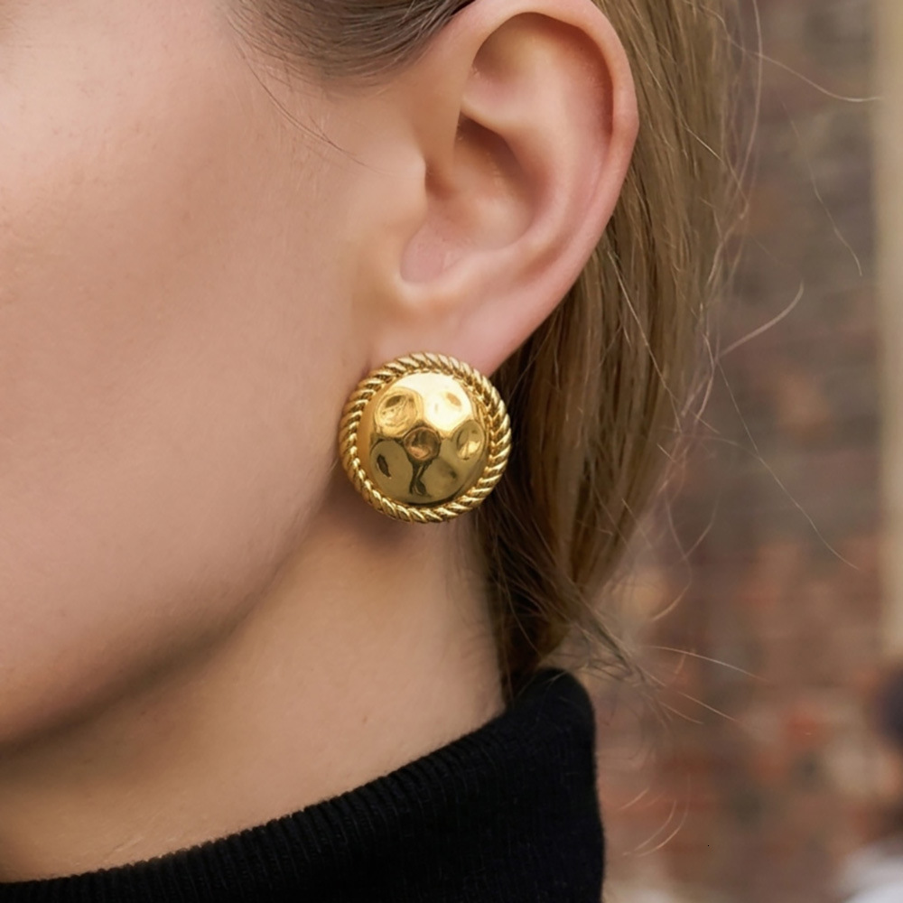 Earrings For Women Button Design Stainless Steel 18K Gold Plated Hammered Texture Unique Versatile
