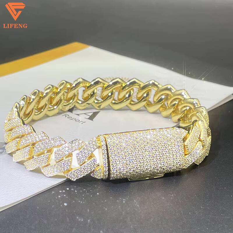 10mm 12mm 925 Sterling Silver Two Rows Moissanite Iced Flap Buckle Cuban Link Chain Bracelet for Men Hip Hop Jewelry