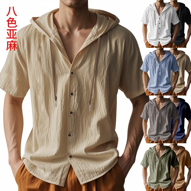 American-style summer mens lightweight breathable linen Amekaji loose-fitting hooded shirt