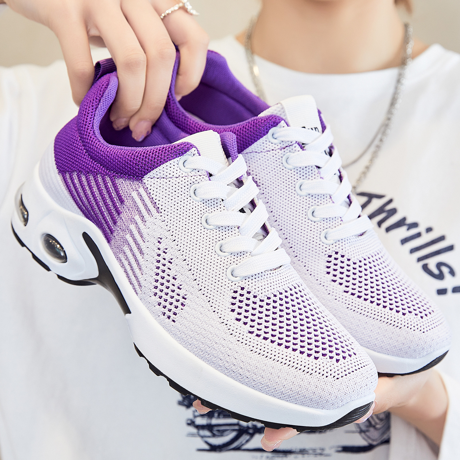 Women's gradient color air cushion sports shoes, breathable mesh lace up casual walking shoes