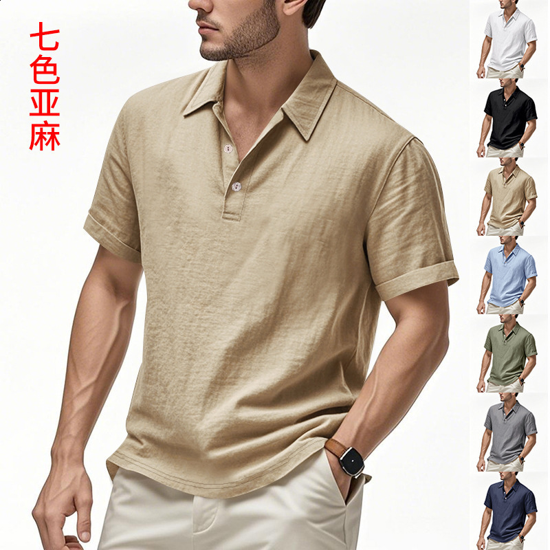 New Summer Mens British Casual Buttoned Loose Linen Turn-down Collar Polo Shirt Short Sleeve Shirt for Men 240807