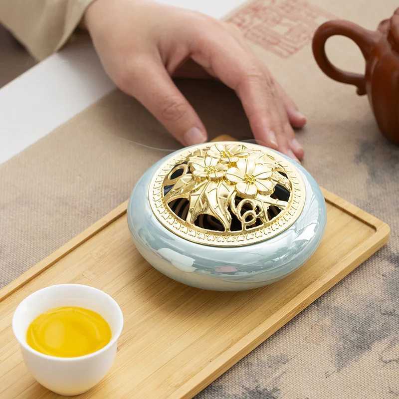 Chinese Style Tradition Colorful Ceramic Small Incense Burner Golden Household Plate Incense Net Household Tea House Hotel ZenT260415