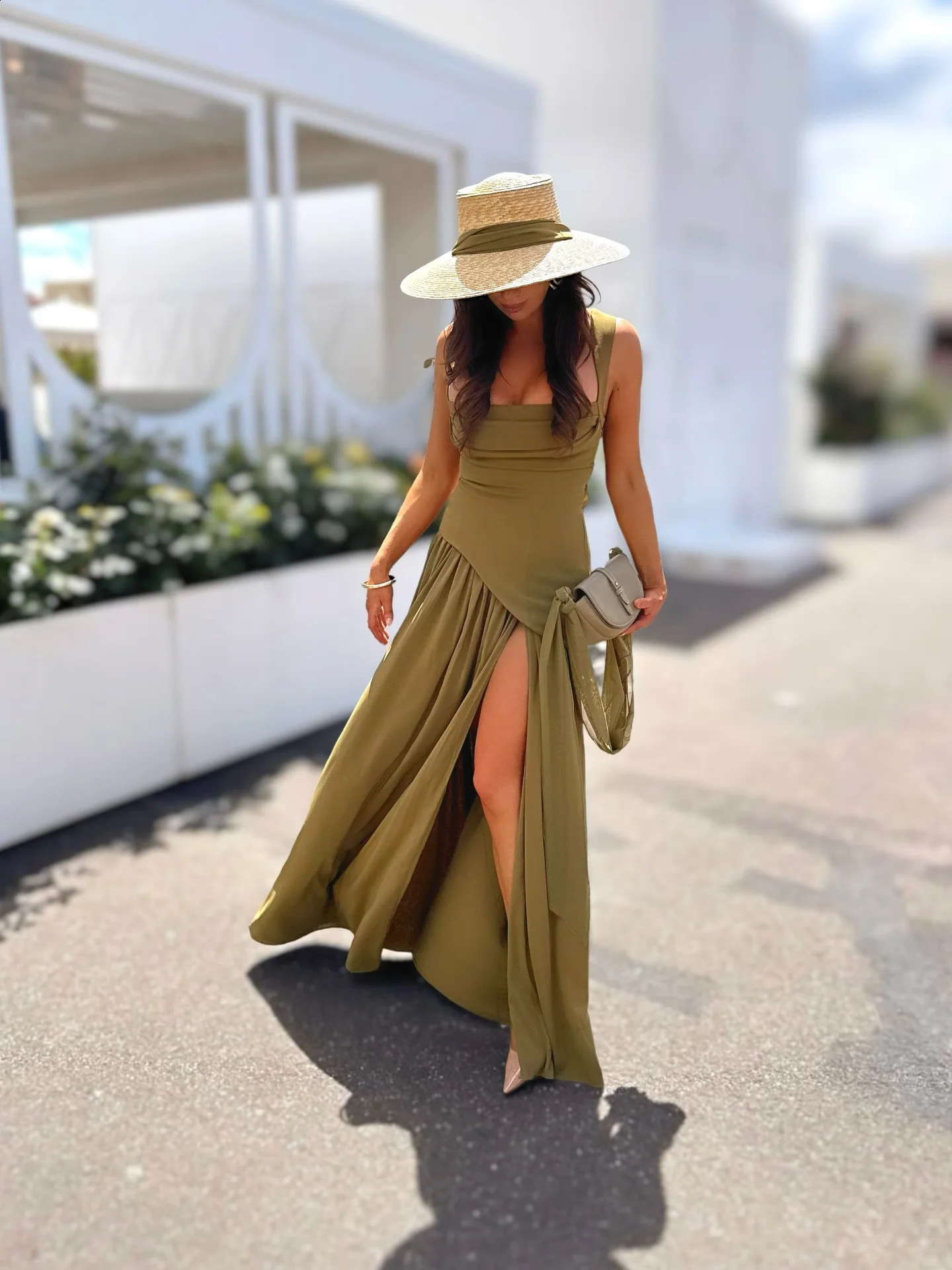 Suninheart Summer Elegant Olive Green Maxi Dress for Women Flowy Long Dress with Scarf Birthday Party Beach Graduation dress 260414