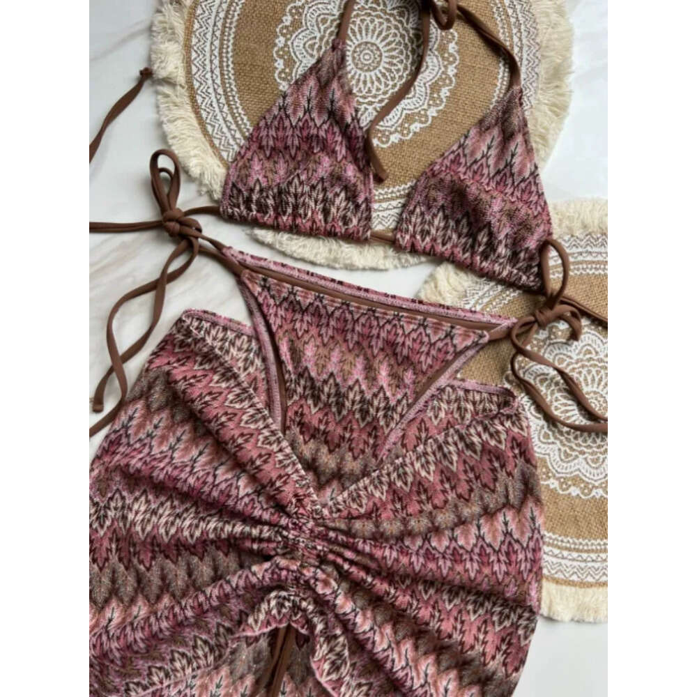 Puccily Swimsuits Vibrant Puccily Psychedelic Bikini Print Halter Swimsuit Dress Asymmetrical Cutout Bathing Suit With Satin Wrap Skirt Designer Beach 17D