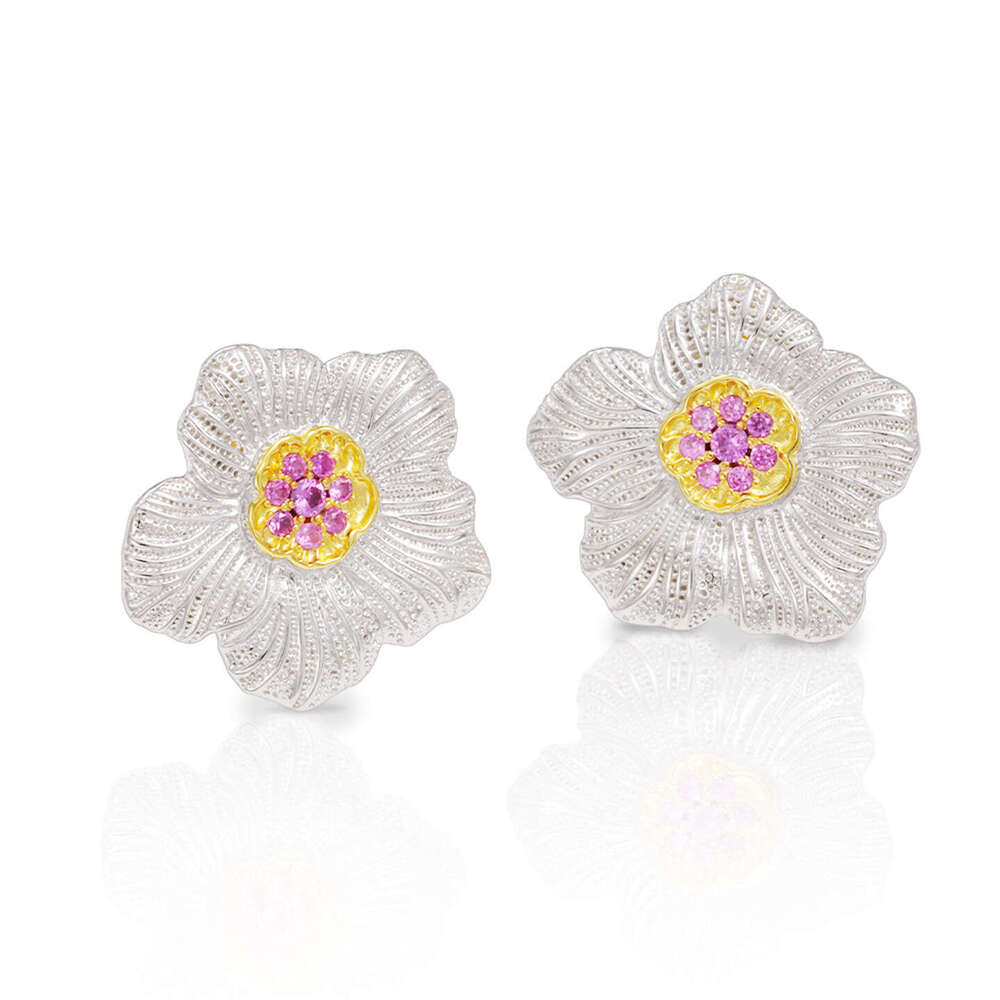 Women 925 Sterling Silver Gardenia Flower Stud Earrings - Hand-Engraved Floral Design with Pink & Yellow CZ Gemstones, Italian Craftsmanship Inspired 
