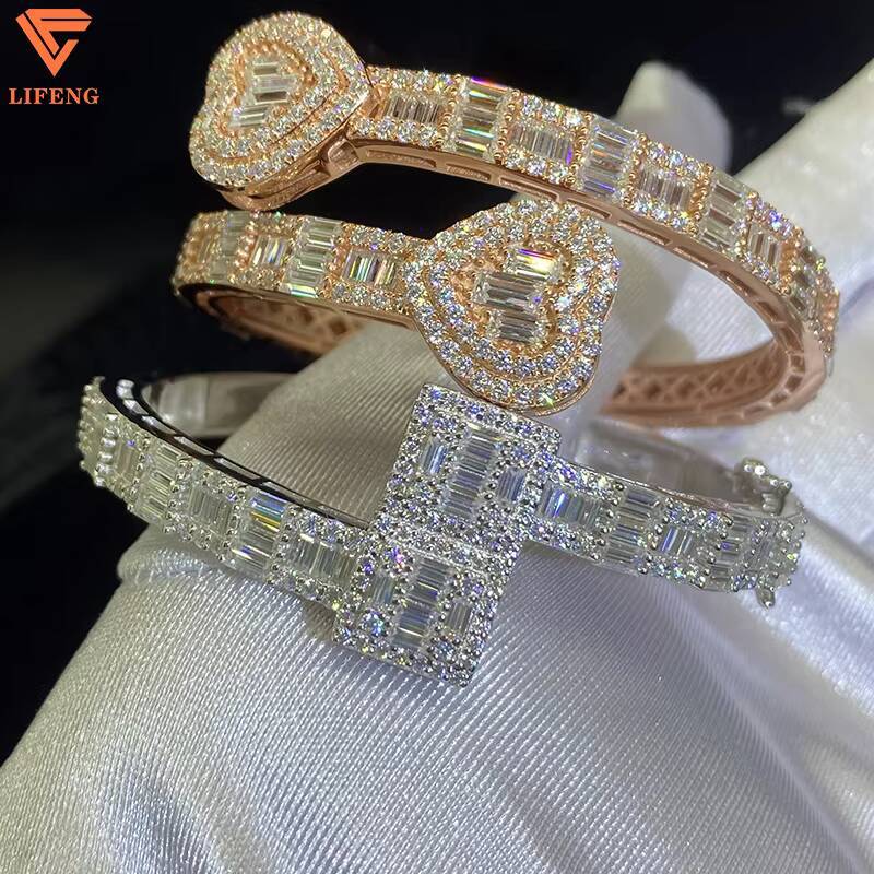 Ready to Ship Baguette Moissanite Open Cuff Heart Bangle 925 Sterling Silver Iced Out Moissanite Adjustable Bracelet for Women