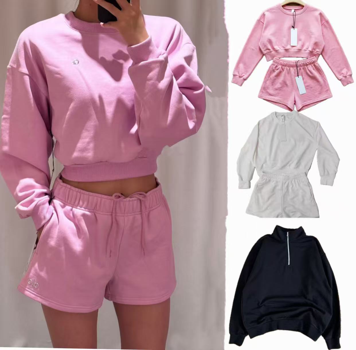 new Designer Yoga Set Cropped Sweatshirts+Shorts Crew Neck Pullover Womens Short Tracksuit Studio-to-street Weekend City Jogger Sportswear with Chrome Logo