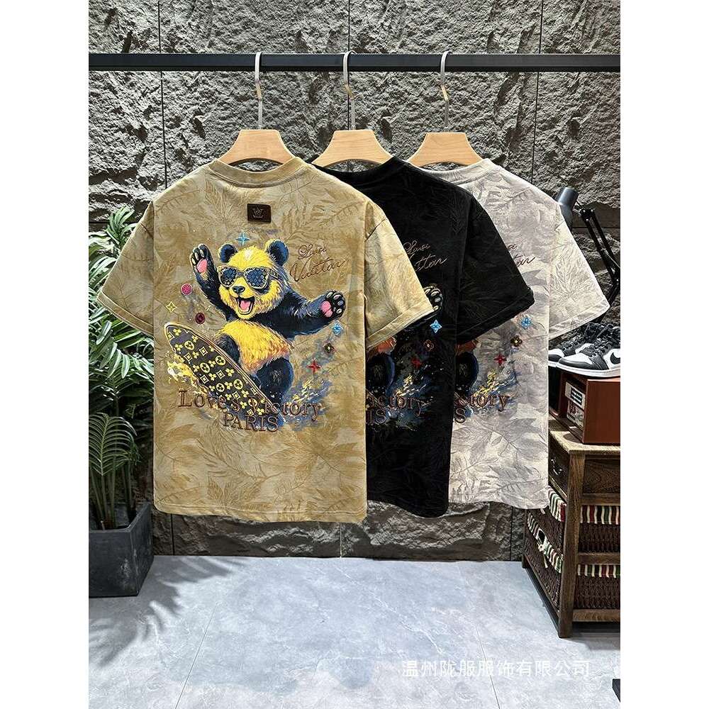 Luxury Brand Designer Clothes Cotton Trendy Brand Panda Surfing Monogram Embroidered Maple Leaf All-Over Print Short-Sleeve T-Shirt For Men, Summer Lo