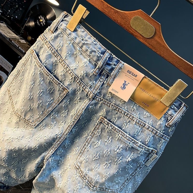 2026 New Designer Luxury Brand Foreign Trade Perforated Denim Shorts Summer Slim Fit Straight Leg Knee Length Pants Design Fashionable And Casual