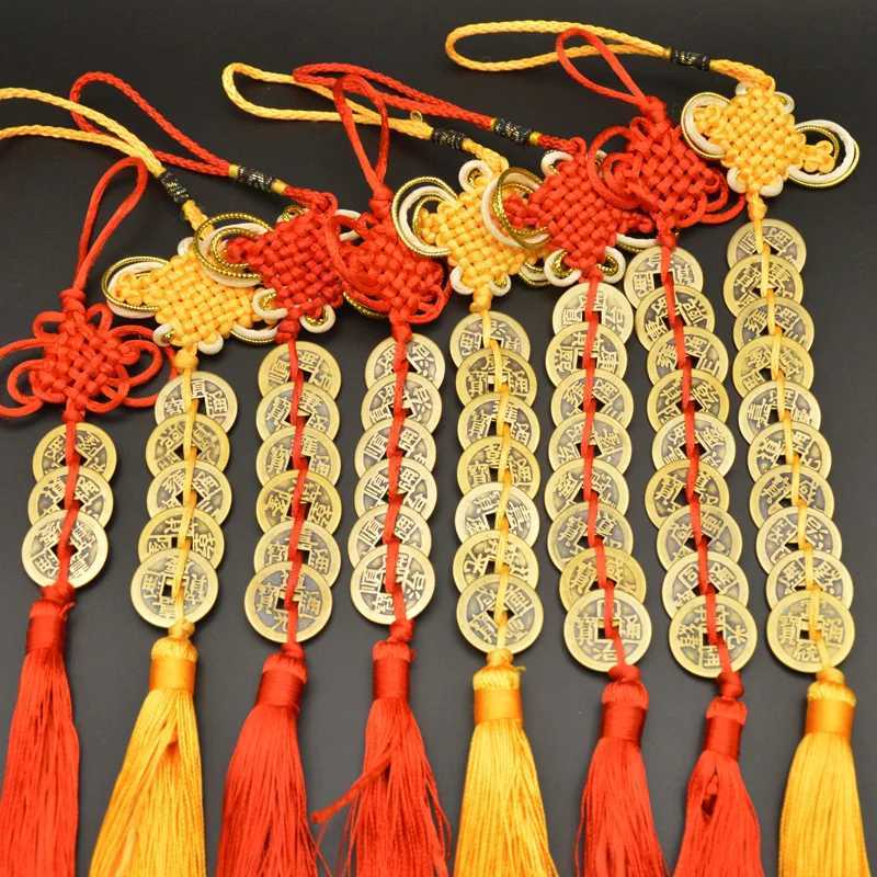 Chinese manual Knot Fengshui Lucky Charms Ancient I CHING Copper Coins Mascot Prosperity Protection Good Fortune Home Car DecorT260415