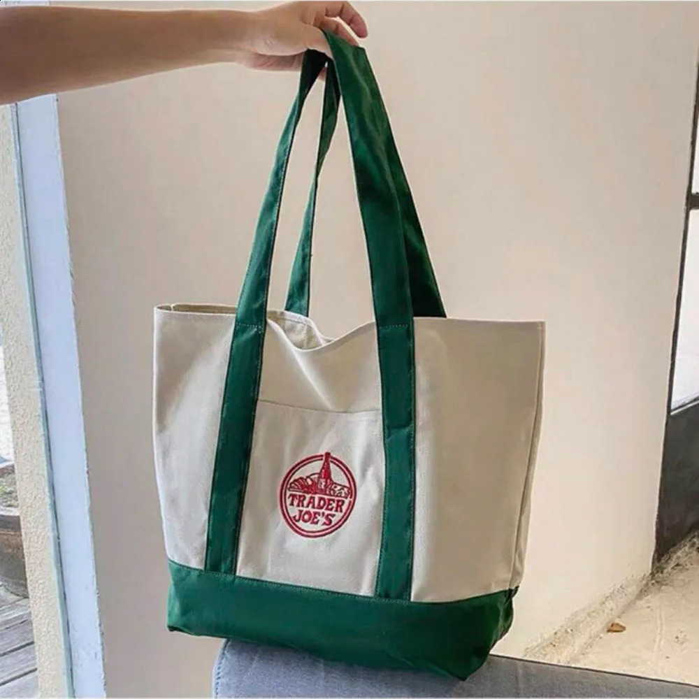 3PCSTrader Joe Large Tote Shopping Bag Cotton Canvas Embroidered 260414
