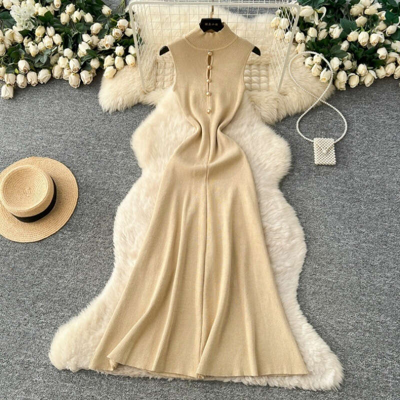 2026 French summer FC k30 new designer fashionable gold elegant hollow out single breasted high neck sleeveless knitted dress