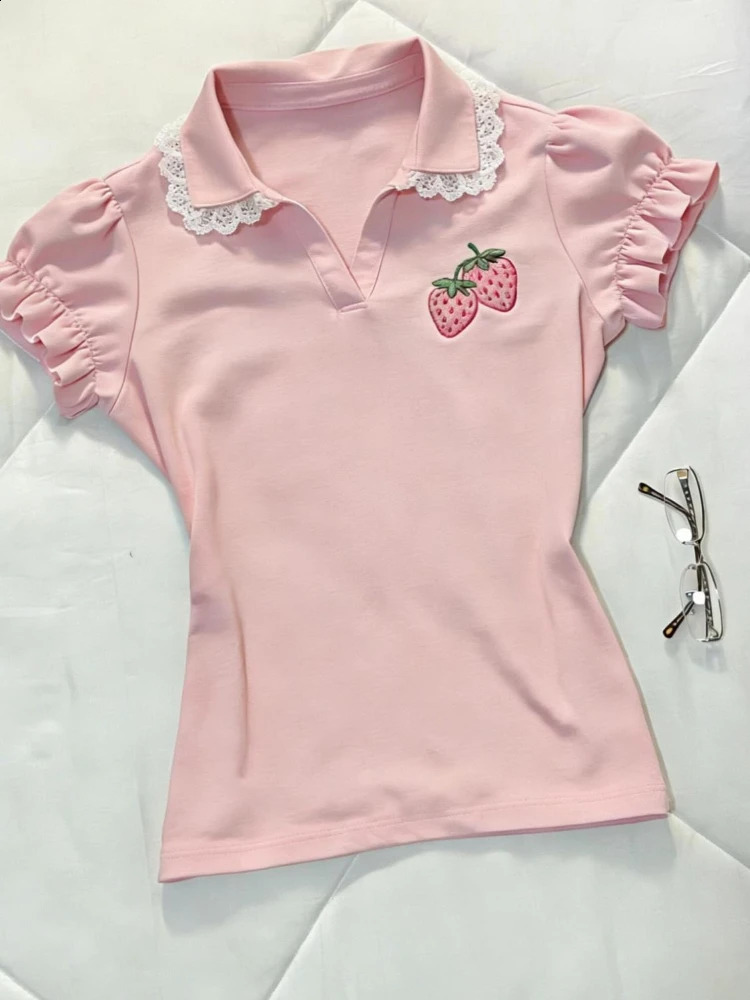 Sweet n Patchwork Lace Slim T-Shirts Women Casual Kawaii Strawberry Embroidery Polo Collar Tees Fashion Lovable Clothes 260414