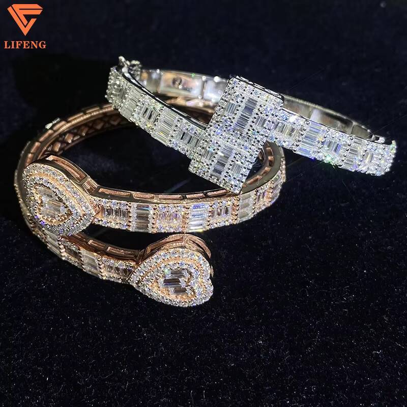 Ready to Ship Baguette Moissanite Open Cuff Heart Bangle 925 Sterling Silver Iced Out Moissanite Adjustable Bracelet for Women